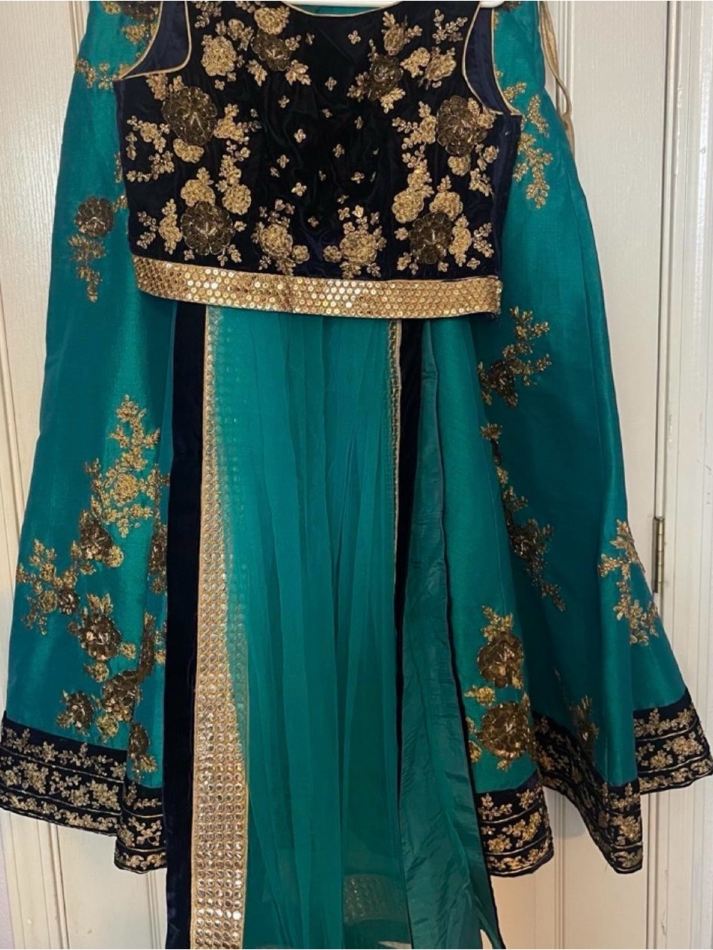 Teal & Gold floral wedding Lehenga with Choli&long Dupetta Medium New